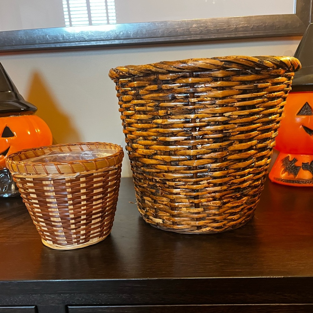 Pair Of Wicker Rattan Lined Planter Baskets Bohemian